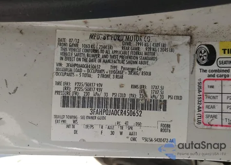 2012 Ford Fusion Sel from USA, damaged, VIN 3FAHP0JA0CR450652